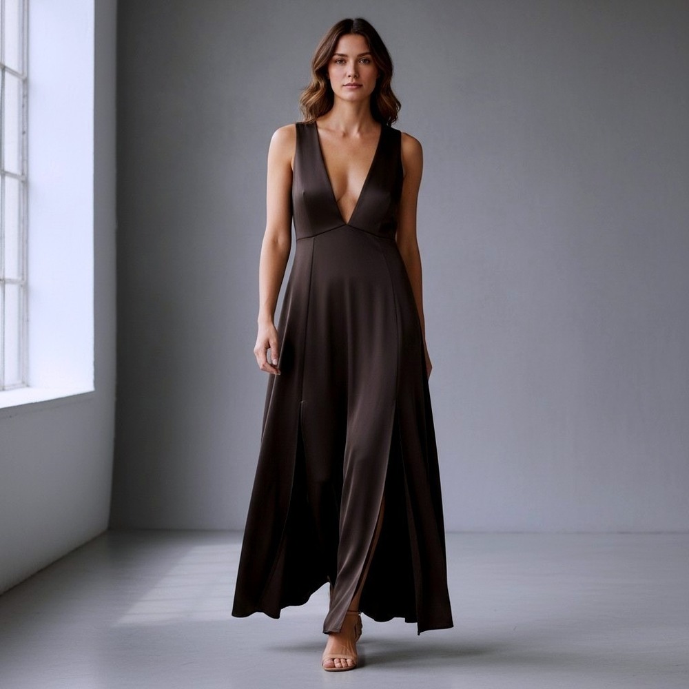 Womens Black Deep V-Neck Empire Waist Maxi Dress Sleeveless Back‎ Tie